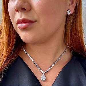 Colar e brinco gota zircônia ródio semijoia