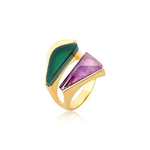 Anel Ayla pedra natural ametista e ágata verde ouro semijoia