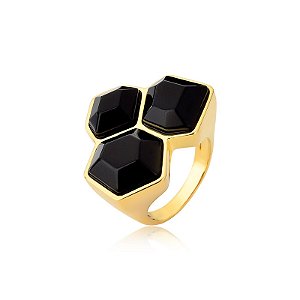 Anel Ayla pedra natural obsidiana negra ouro semijoia