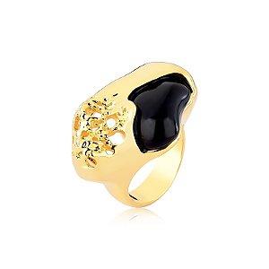 Anel Ayla pedra natural obsidiana negra ouro semijoia