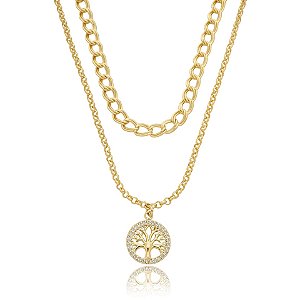 Colar duplo árvore da vida zircônia ouro semijoia