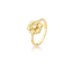 Anel flor zircônia ouro semijoia
