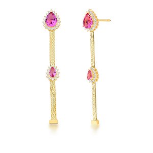 Brinco pêndulo cristal rosa ouro semijoia