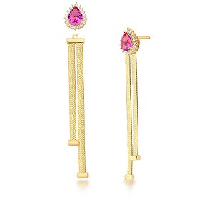 Brinco ear jacket pêndulo cristal rosa ouro semijoia