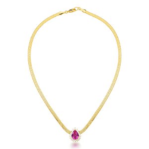 Colar choker cristal rosa ouro semijoia
