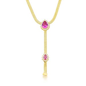 Colar gravata cristal rosa ouro semijoia