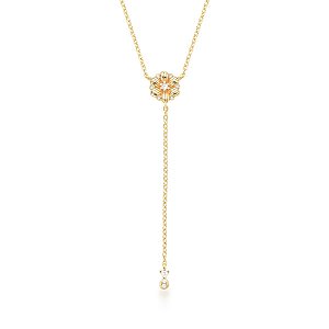 Colar gravata flor zircônia ouro semijoia