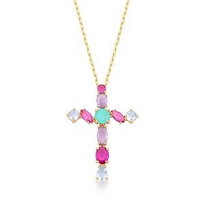 Colar crucifixo cristais coloridos ouro semijoia
