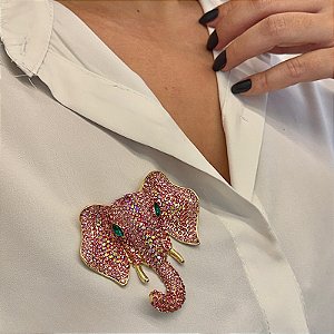 Broche elefante cristais rosa ouro semijoia