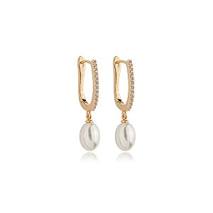 Brinco argolinha pérola zircônia ouro semijoia E11876