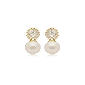 Brinco pérola achatada zircônia ouro semijoia E11756