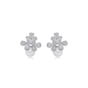 Brinco flores pérola zircônia ródio semijoia E11753