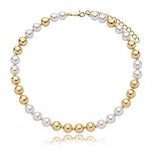 Colar pérolas e esferas ouro semijoia 4068