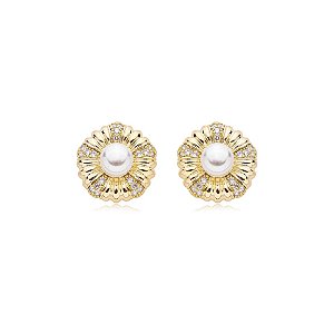 Brinco flor pérola zircônia ouro semijoia 20340