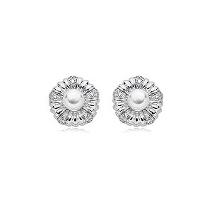 Brinco flor pérola zircônia ródio semijoia 20340
