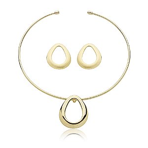 Colar e brinco gota vazada ouro semijoia 689