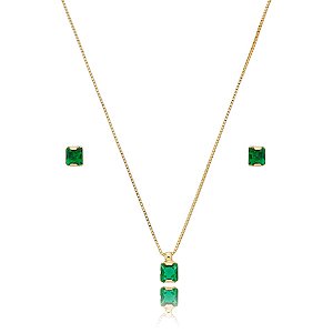 Colar e brinco ponto de luz zircônia verde ouro semijoia