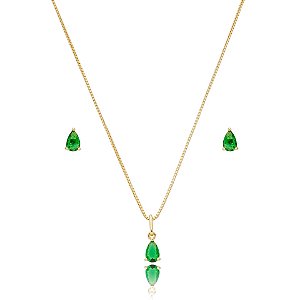 Colar e brinco gota zircônia verde ouro semijoia