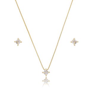Colar e brinco ponto de luz quadrado zircônia ouro semijoia