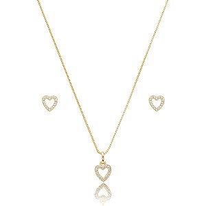 Colar e brinco mini coração zircônia ouro semijoia