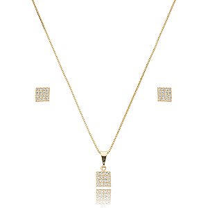 Colar e brinco quadrado zircônia ouro semijoia