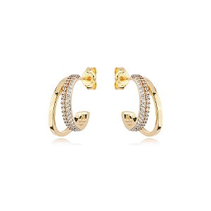 Brinco aro duplo zircônia ouro semijoia