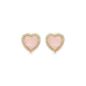 Brinco coração madrepérola rosa zircônia ouro semijoia