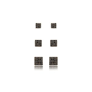 Kit 3 brincos quadrados zircônia preta ouro semijoia