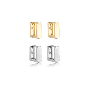 Kit 2 brincos argolinhas quadradas ouro e ródio  semijoia
