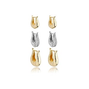 Kit 3 brincos argolinhas zircônia ouro e ródio semijoia