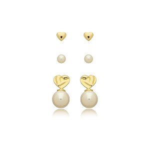 Kit 3 brincos pérola coração ouro semijoia