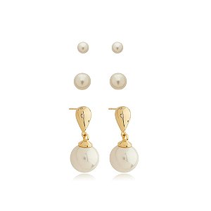 Kit 3 brincos pérola ouro semijoia