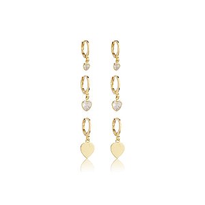 Kit 3 brincos argolinhas corações cristais ouro semijoia