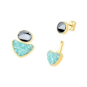 Brinco ear jacket pedra natural hematita e amazonita verde ouro semijoia