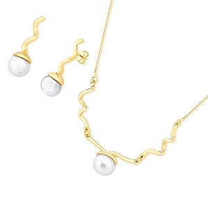 Colar e brinco pérola shell ouro semijoia