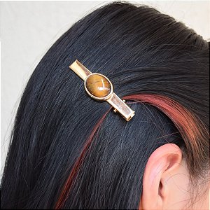 Presilha bico de pato pedra natural olho de tigre oval ouro semijoia