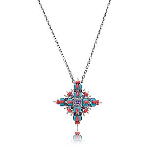 Colar Elaine Palma crucifixo turquesa e coral ródio semijoia