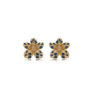 Brinco Elaine Palma flor zircônia azul ouro semijoia
