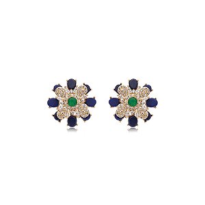 Brinco Elaine Palma flor cristal azul e verde ouro semijoia