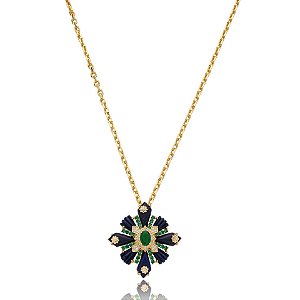 Colar Elaine Palma flor cristal azul e verde ouro semijoia