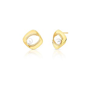 Brinco pérola shell zircônia ouro semijoia