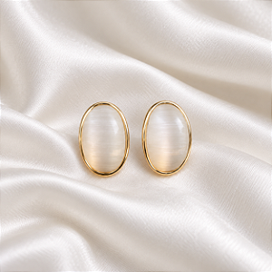 Brinco Oval Cristal Olho de Gato Ouro Semijoia BA 7090