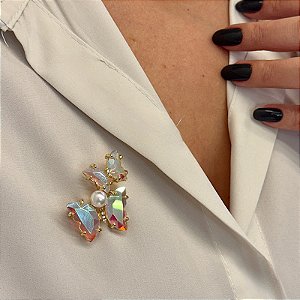 Broche borboletas cristal furta-cor com pérola