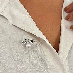 Broche pin borboleta pérola strass ródio semijoia