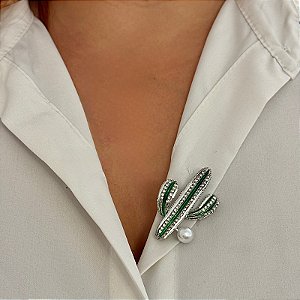 Broche Rellie cacto prateado strass pérola