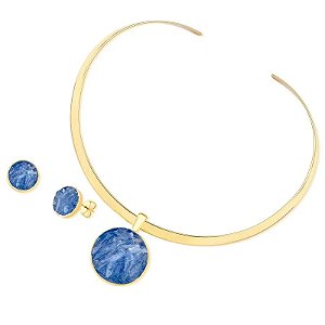 Colar e brinco pedra natural cianita azul ouro semijoia