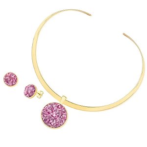 Colar e brinco pedra natural rodonita rosa ouro semijoia