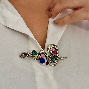 Broche serpente cristais ouro semijoia