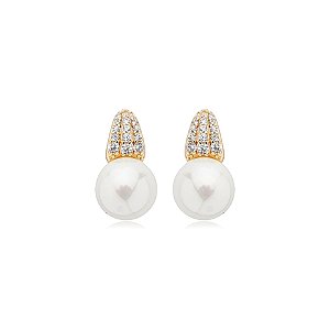 Brinco pérola zircônia ouro semijoia 24k05045