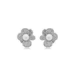 Brinco flor pérola zircônia ródio semijoia 24k15044